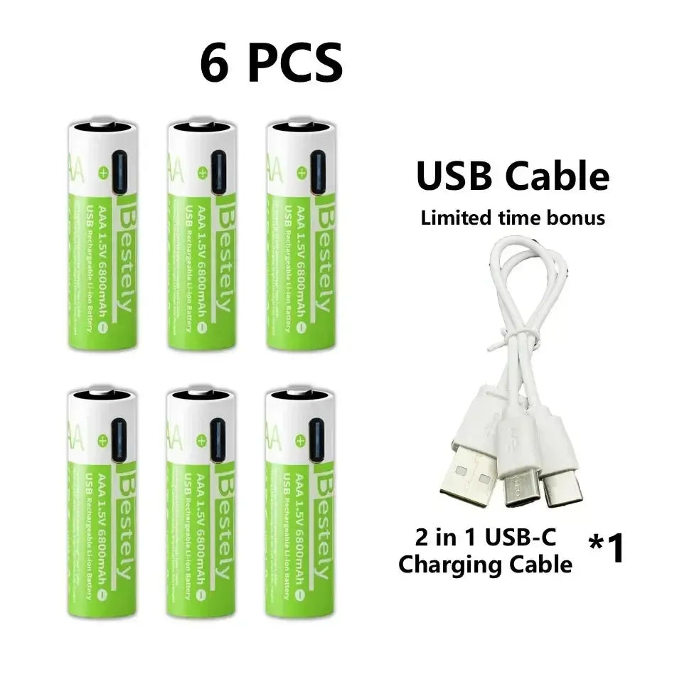 Pro 1.5V AAA 6800mAh Rechargeable Battery, Type-C Fast Charging Li-ion Batteries, 2000 Cycles LED Indicator with Cable