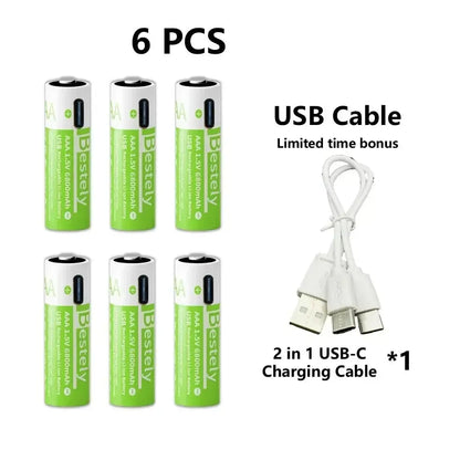 Pro 1.5V AAA 6800mAh Rechargeable Battery, Type-C Fast Charging Li-ion Batteries, 2000 Cycles LED Indicator with Cable