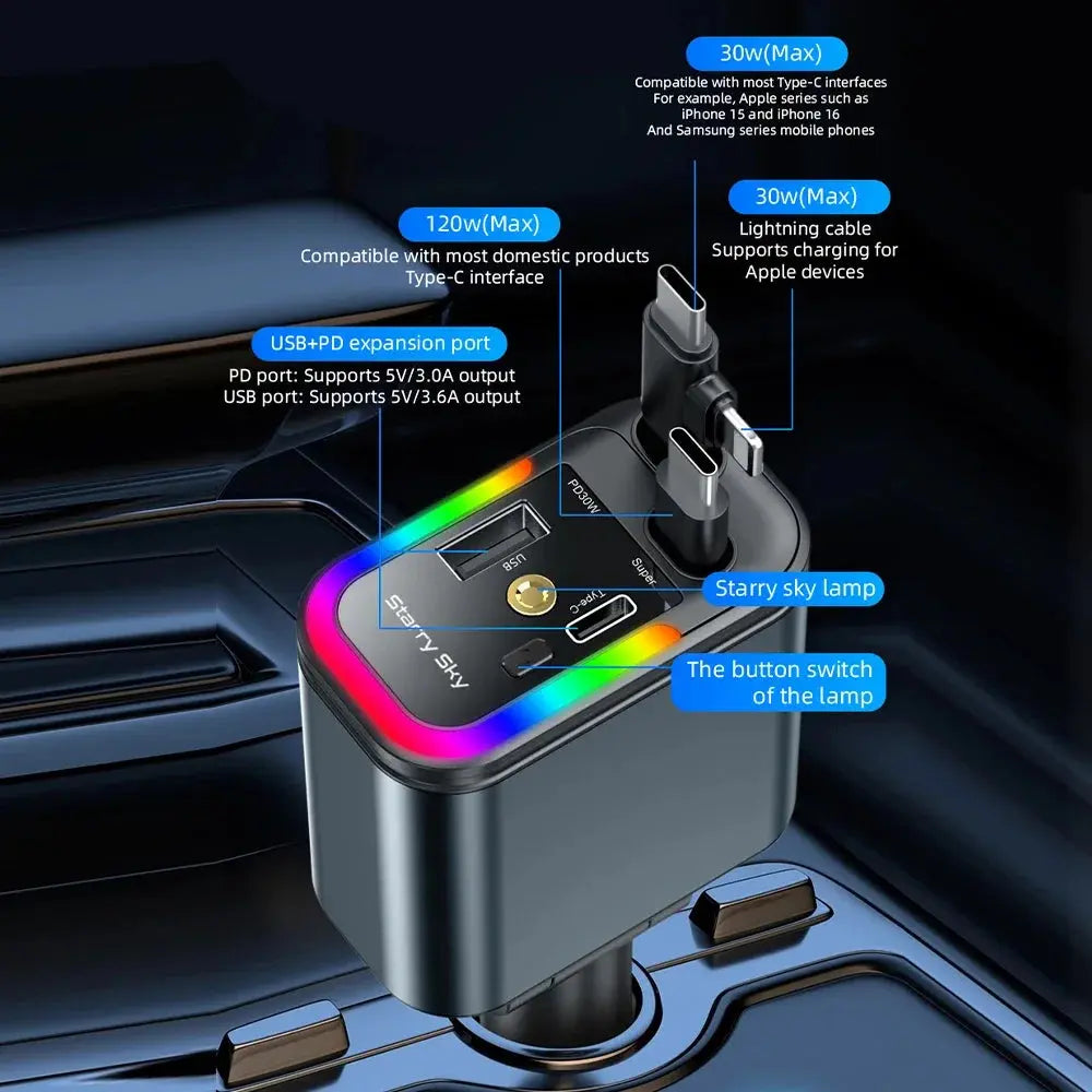 5-in-1 180W Car Fast Charger USB Type-C Power Adapter Retractable Phone Charger With Roof Starlight For IOS Android Phones