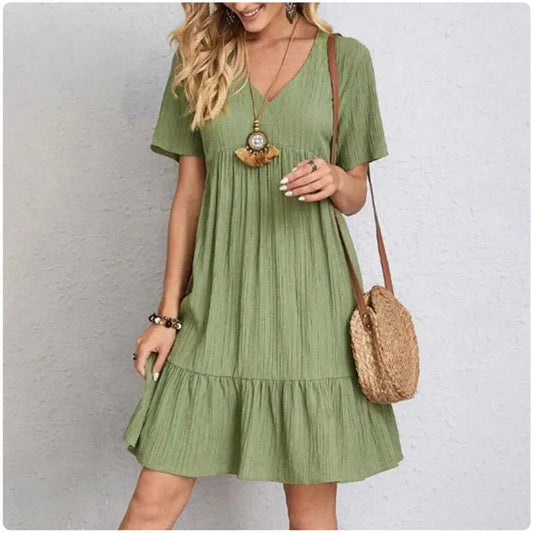 Women Summer Peplum Dresses Spring V-Neck Short Sleeve Loose Waist Ruffle Fit Flare Vocation Dresses shoporiz