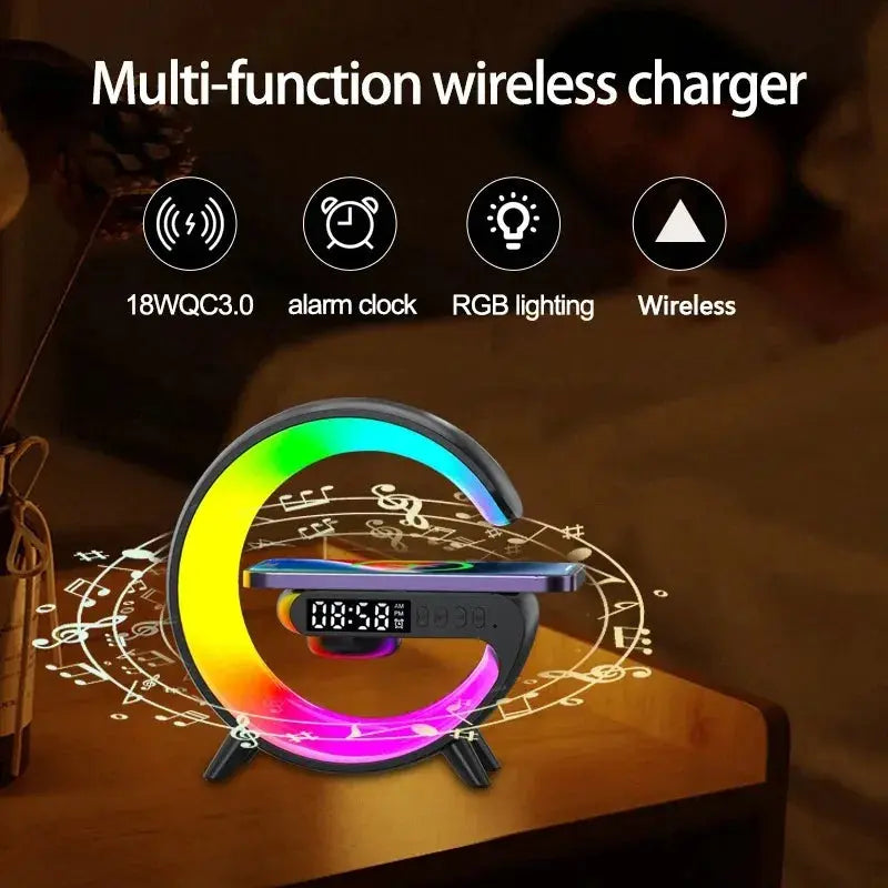 Multi-Functional (No Battery) Device Wireless Charger + Bluetooth Speaker RGB LED Alarm Clock Ambient Light For iPhone 12-17 Shoporiz