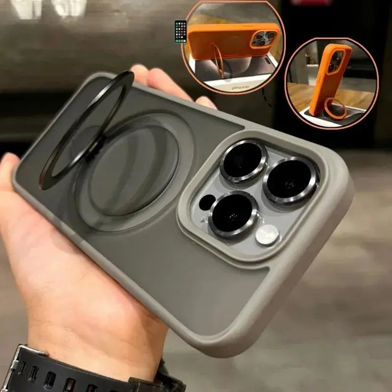 Matte Glass Lens Phone Case for iPhone - Magnetic Hard Bumper Cover with Ring Holder Anti-Scratch Wireless Compatible