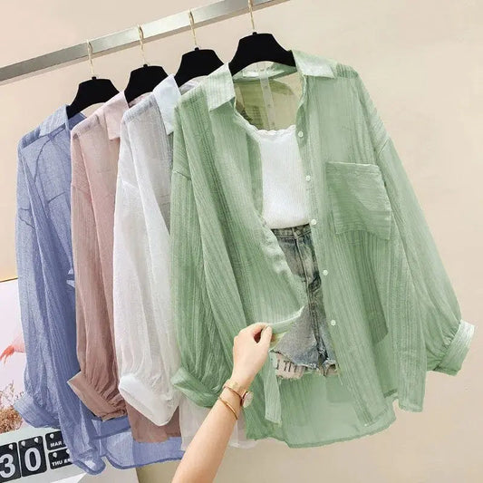 Summer Sunscreen Shirt Elegant Perspective Thin Chiffon Blouse Korean Harajuku See Through Loose Top Casual Women's Cardigan shoporiz