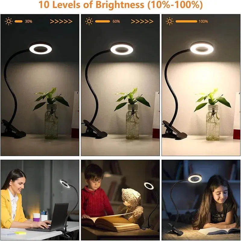 Dimmable Reading Desk Lamp with 3 Modes 10 Levels USB Clamp 360° Flexible Clip for Bedside Modern Iron LED Desk Lamp
