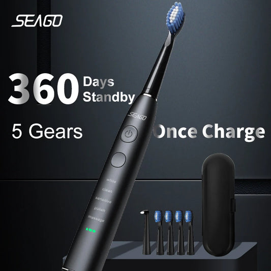 Seago Sonic Electric Toothbrush USB Rechargeable Adult with 360 Days Long Battery Life IPX7 4 Replacement Heads Travel Box SG-575