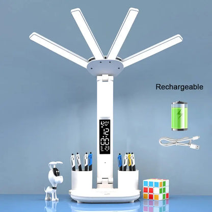 Rechargeable Table Lamp for Study, Desk Lamp Reading Light Led Table Light with Fan, Led Clock Dispaly Reading Lamp Shoporiz