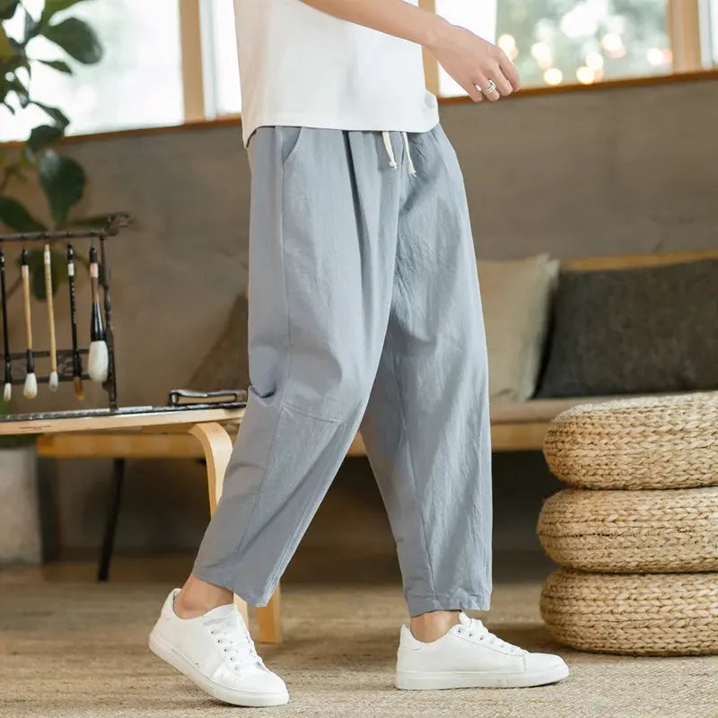 Men's Trousers Cotton Linen Fashion Casual Pants Solid Color Breathable Loose Shorts Straight Drawstring Pants Streetwear Men Shoporiz