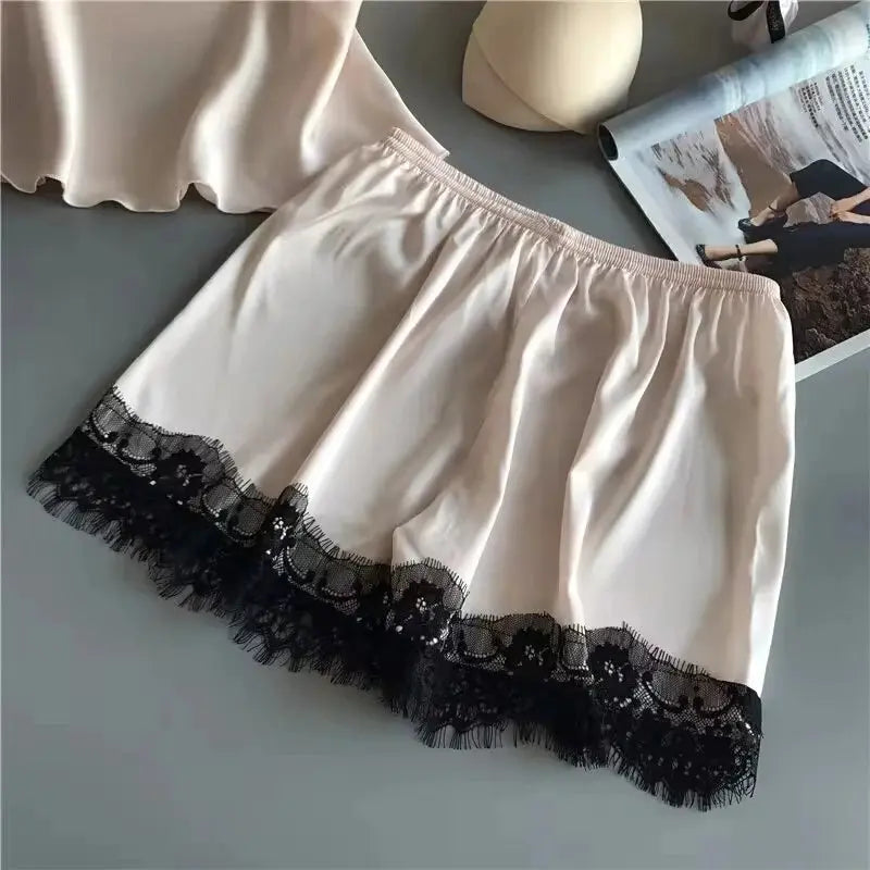 Women Pajama Suit Fashion V-Neck Stretch Satin Babydoll Lace Sexy Lingerie Bowknot Pyjamas Sleep Shorts Set Sleepwear