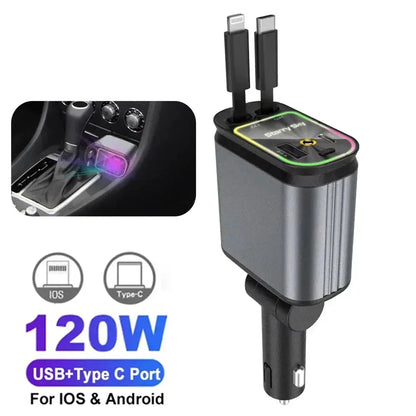 5-in-1 180W Car Fast Charger USB Type-C Power Adapter Retractable Phone Charger With Roof Starlight For IOS Android Phones