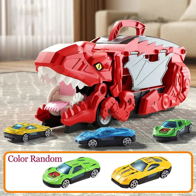 Folding Dinosaur Transporter Car Game Roll to Eat Vehicle Racing Track with Mini Car Toy for Kids Plastic Diecast Gift for Ages 4-12