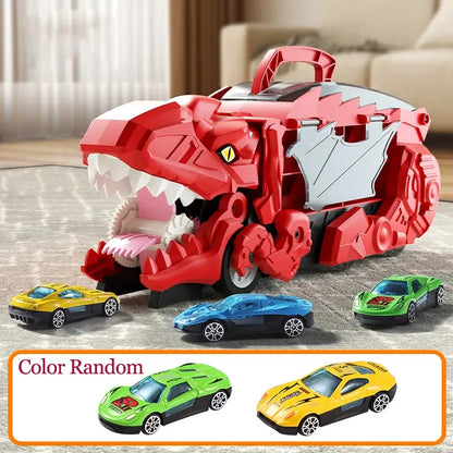 Folding Dinosaur Transporter Car Game Roll to Eat Vehicle Racing Track with Mini Car Toy for Kids Plastic Diecast Gift for Ages 4-12