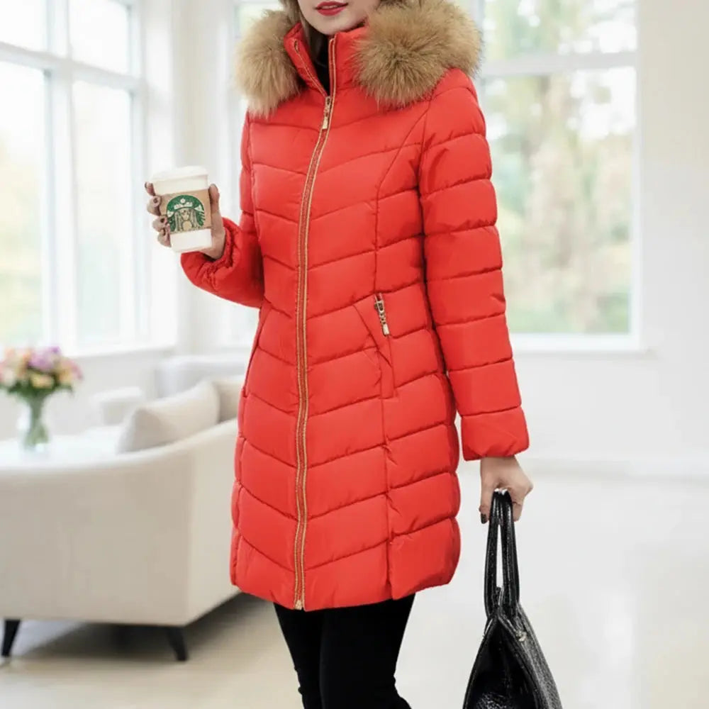 Women's Winter Puffer Coat Slim Fit Faux Fur Hood Zipper Closure Quilted Fabric Casual Thick Parka Essential for Cold Wear