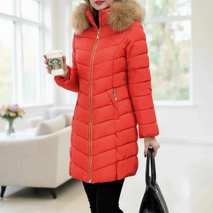 Women's Winter Puffer Coat Slim Fit Faux Fur Hood Zipper Closure Quilted Fabric Casual Thick Parka Essential for Cold Wear