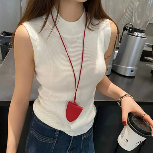 Hot Women's Vest Knitted Tank Top Solid Color Slim Sweater Half-turtleneck Spring Autumn Sleeveless T-Shirt Cropped Top Camisole shoporiz