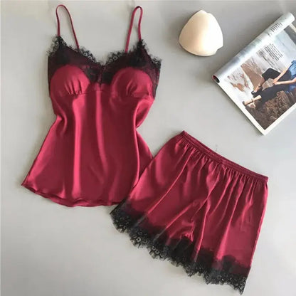 Women Pajama Suit Fashion V-Neck Stretch Satin Babydoll Lace Sexy Lingerie Bowknot Pyjamas Sleep Shorts Set Sleepwear