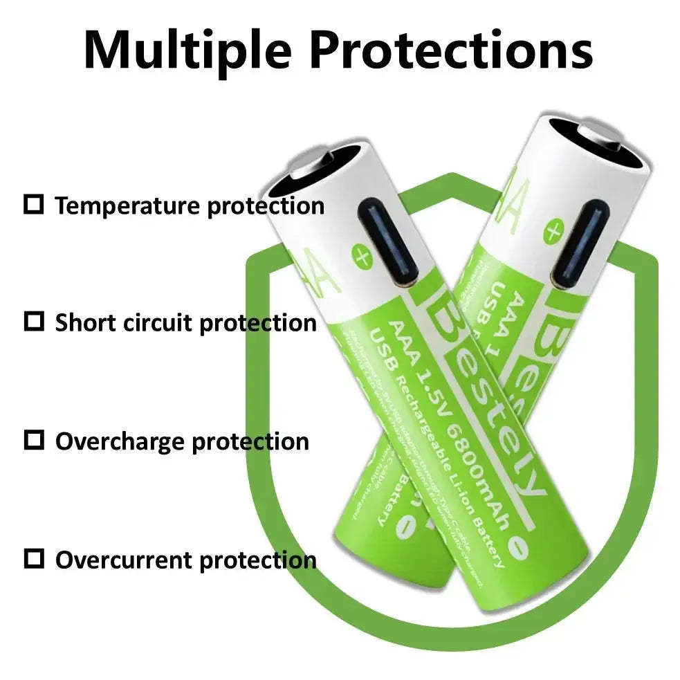 Pro 1.5V AAA 6800mAh Rechargeable Battery, Type-C Fast Charging Li-ion Batteries, 2000 Cycles LED Indicator with Cable