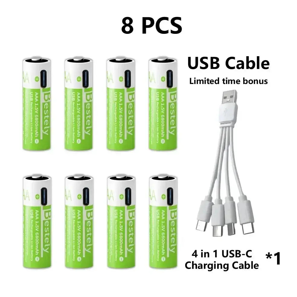Pro 1.5V AAA 6800mAh Rechargeable Battery, Type-C Fast Charging Li-ion Batteries, 2000 Cycles LED Indicator with Cable