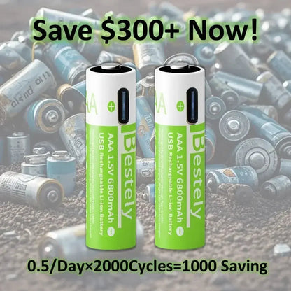 Pro 1.5V AAA 6800mAh Rechargeable Battery, Type-C Fast Charging Li-ion Batteries, 2000 Cycles LED Indicator with Cable