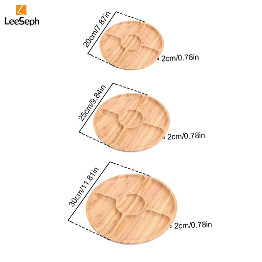 Leeseph Bamboo Round 5 Compartment Serving Tray, Ideal for Snacks, Fruits, Nuts, Wooden Plate with Dividers for Party Platters