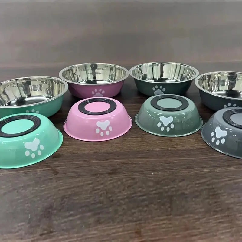 Stainless steel dog basin paw print pet supplies cat bowl dog bowl silicone anti-slip design pet drinking water feeding bowl