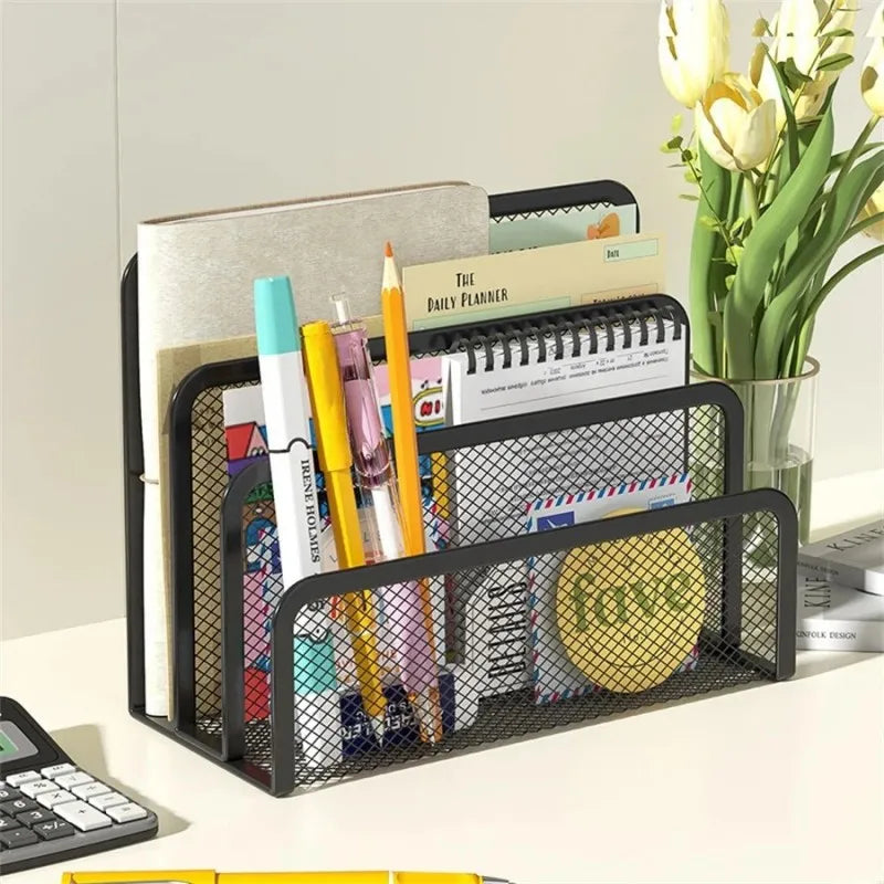 Black Metal Iron Mesh Desk Organizer - Letter Tray Holder for Paper Magazine Book Office Grid Tray