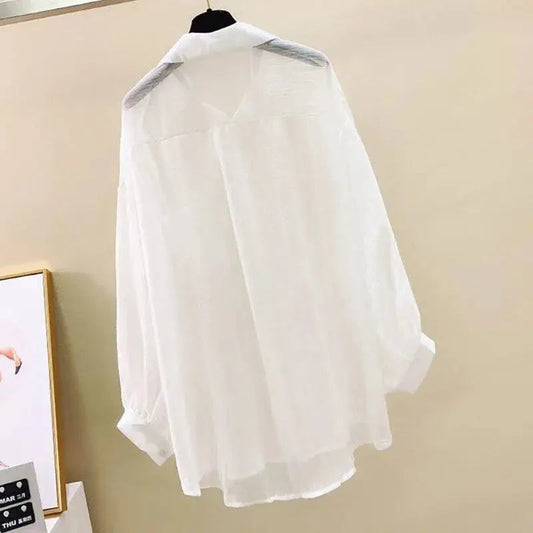 Summer Sunscreen Shirt Elegant Perspective Thin Chiffon Blouse Korean Harajuku See Through Loose Top Casual Women's Cardigan shoporiz