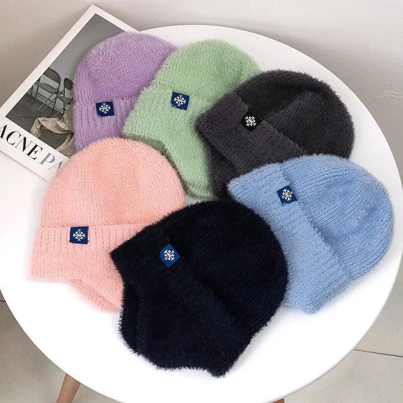 Women's Winter Earflap Beanie Hat Candy Colors Faux Fur Knitted Kpop Style Soft Streetwear Cap Casual Solid Color Skullies