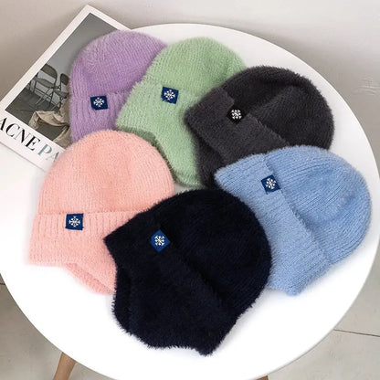 Women's Winter Earflap Beanie Hat Candy Colors Faux Fur Knitted Kpop Style Soft Streetwear Cap Casual Solid Color Skullies