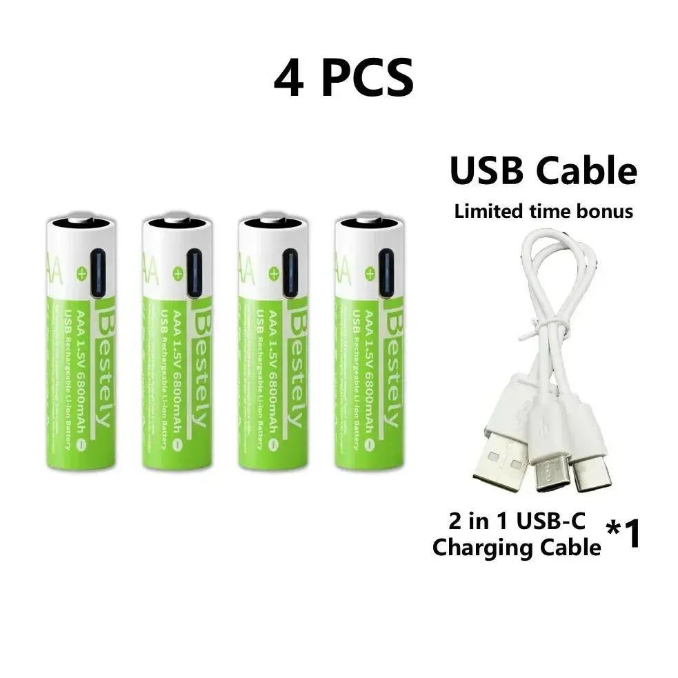 Pro 1.5V AAA 6800mAh Rechargeable Battery, Type-C Fast Charging Li-ion Batteries, 2000 Cycles LED Indicator with Cable
