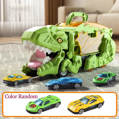 Folding Dinosaur Transporter Car Game Roll to Eat Vehicle Racing Track with Mini Car Toy for Kids Plastic Diecast Gift for Ages 4-12