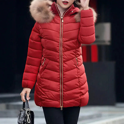 Women's Winter Puffer Coat Slim Fit Faux Fur Hood Zipper Closure Quilted Fabric Casual Thick Parka Essential for Cold Wear