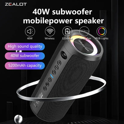ZEALOT S51 Pro 40W Wireless Speakers, Outdoor Portable Subwoofer Speaker, Waterproof IPX 6,  Dual Pairing,5200mAh Battery. Shoporiz
