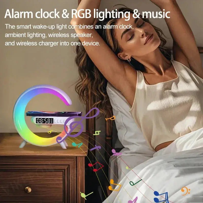 Multi-Functional (No Battery) Device Wireless Charger + Bluetooth Speaker RGB LED Alarm Clock Ambient Light For iPhone 12-17 Shoporiz