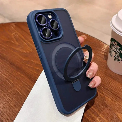 Matte Glass Lens Phone Case for iPhone - Magnetic Hard Bumper Cover with Ring Holder Anti-Scratch Wireless Compatible