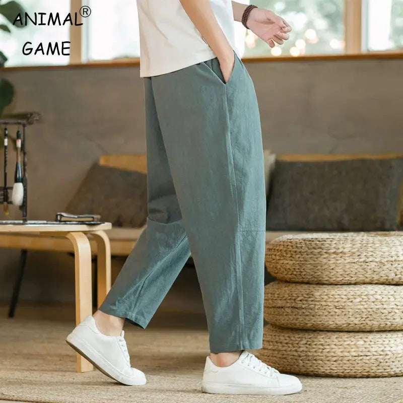 Men's Trousers Cotton Linen Fashion Casual Pants Solid Color Breathable Loose Shorts Straight Drawstring Pants Streetwear Men Shoporiz