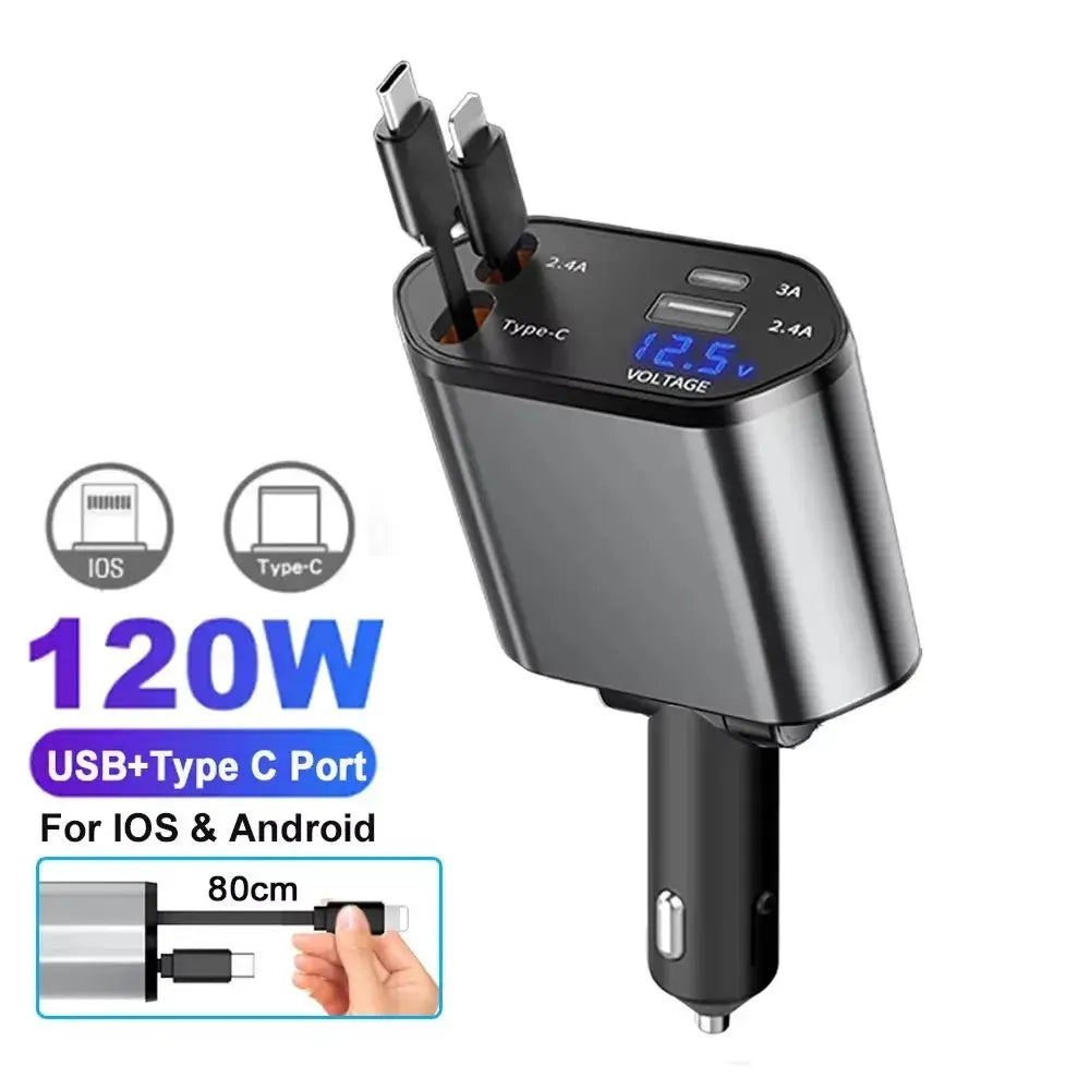 5-in-1 180W Car Fast Charger USB Type-C Power Adapter Retractable Phone Charger With Roof Starlight For IOS Android Phones