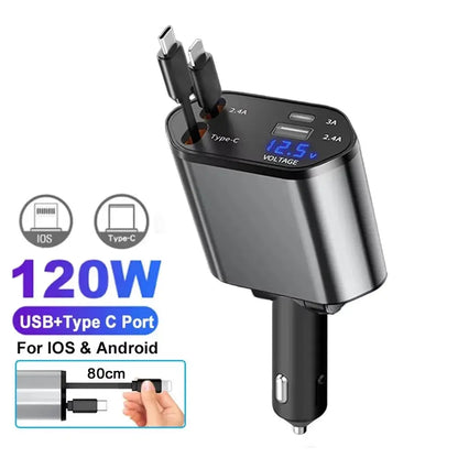 5-in-1 180W Car Fast Charger USB Type-C Power Adapter Retractable Phone Charger With Roof Starlight For IOS Android Phones