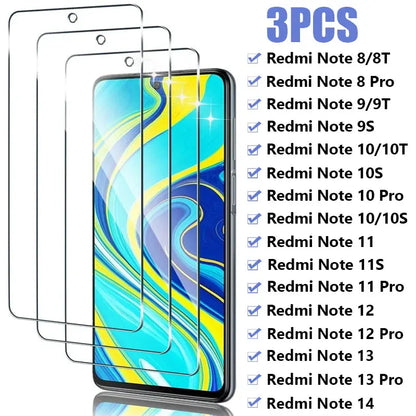 3PCS Tempered Glass For Xiaomi Redmi Note 12 11 10 9 8 Pro 12S 11S 10S 9S 8T Screen Protector For Redmi Note 14 13 Pro 5G Glass