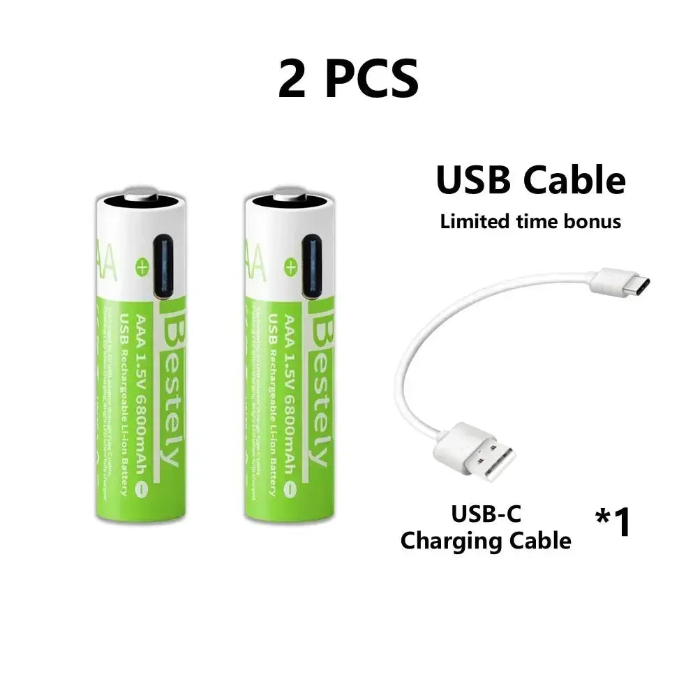 Pro 1.5V AAA 6800mAh Rechargeable Battery, Type-C Fast Charging Li-ion Batteries, 2000 Cycles LED Indicator with Cable