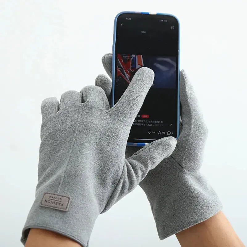 Men's Winter Touch Screen Gloves Thicken Velvet inside Suede Fashion Solid Color Outdoor Cycling Drive Warm Gloves for Adults