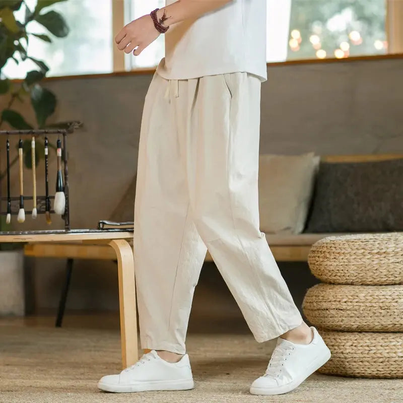 Men's Trousers Cotton Linen Fashion Casual Pants Solid Color Breathable Loose Shorts Straight Drawstring Pants Streetwear Men Shoporiz