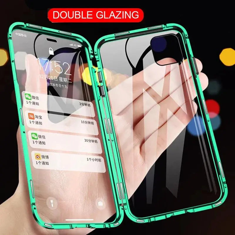 360 Magnetic Adsorption Metal Case For iPhone 16 15 14 13 12 11 Pro Max XR Double-Sided Glass Case 7 8 Plus Magnet Cover