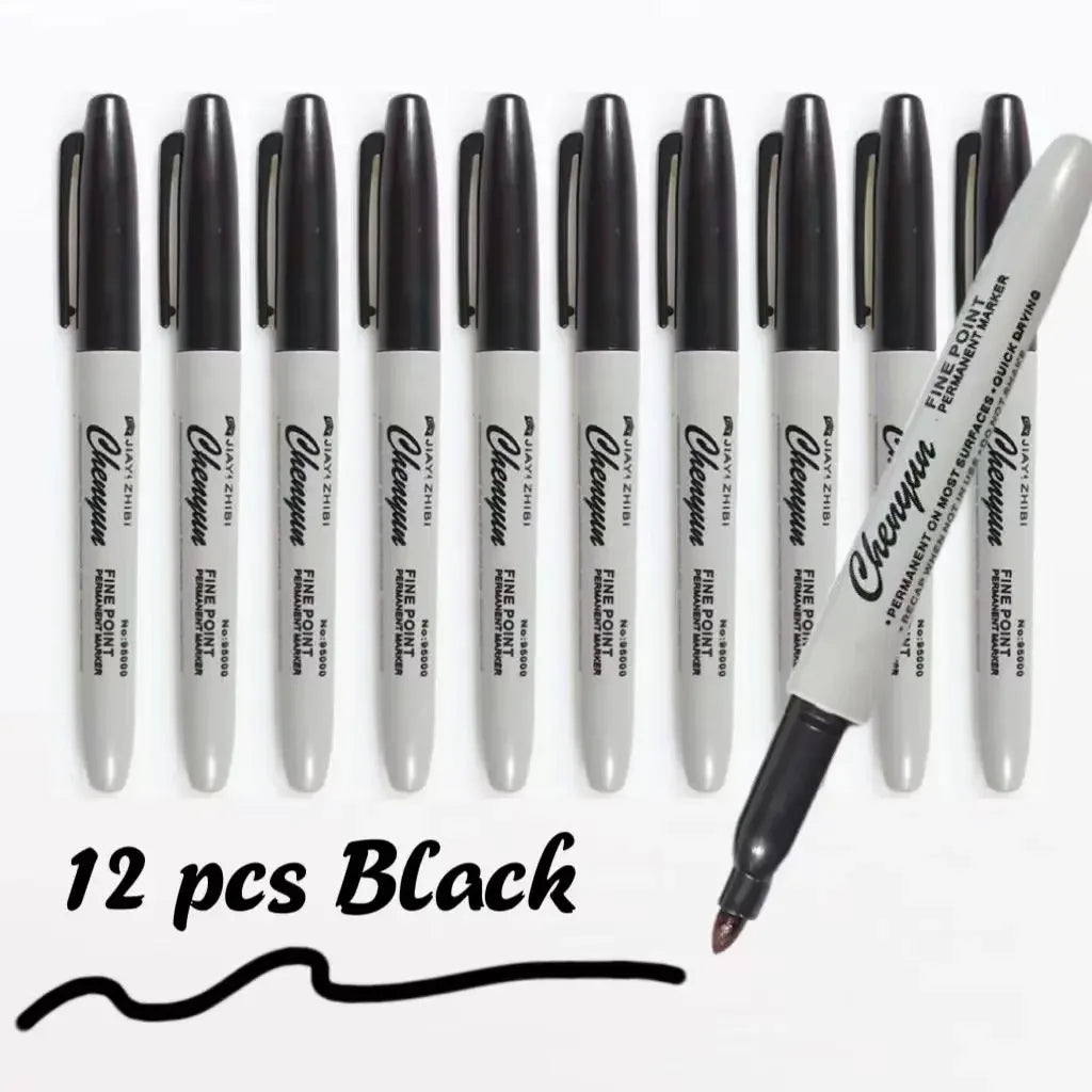 12pcs Black Permanent Marker Pens, Fine Tip, Waterproof, Quick Drying shoporiz