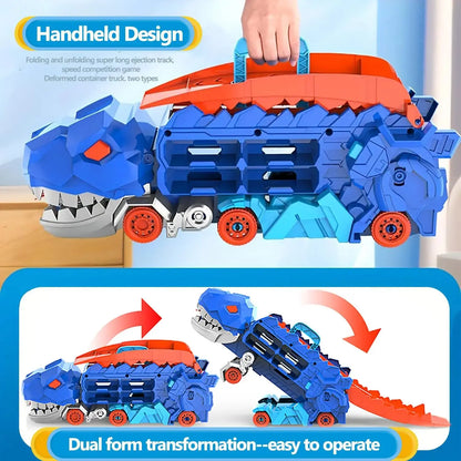 Folding Dinosaur Transporter Car Game Roll to Eat Vehicle Racing Track with Mini Car Toy for Kids Plastic Diecast Gift for Ages 4-12