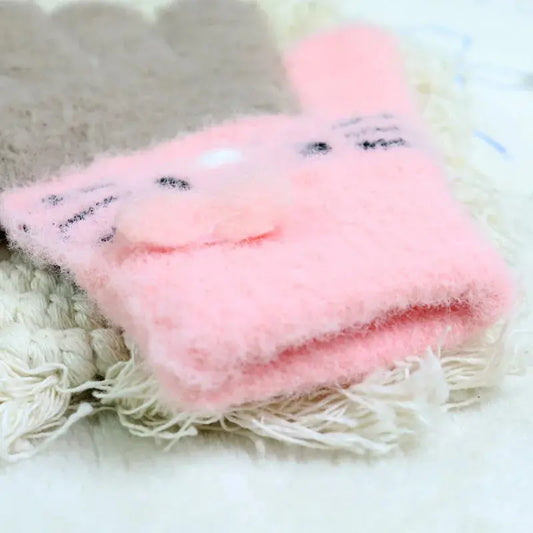 Winter Warm Woolen Gloves for 4-10 Years Old Cute Cartoon Fingers Children's Color Block Gloves