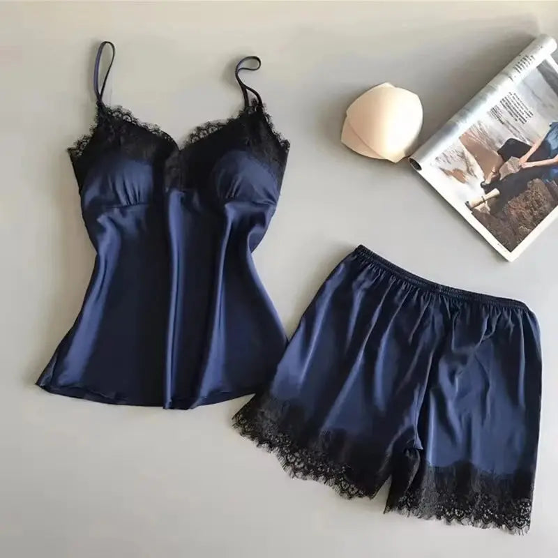 Women Pajama Suit Fashion V-Neck Stretch Satin Babydoll Lace Sexy Lingerie Bowknot Pyjamas Sleep Shorts Set Sleepwear
