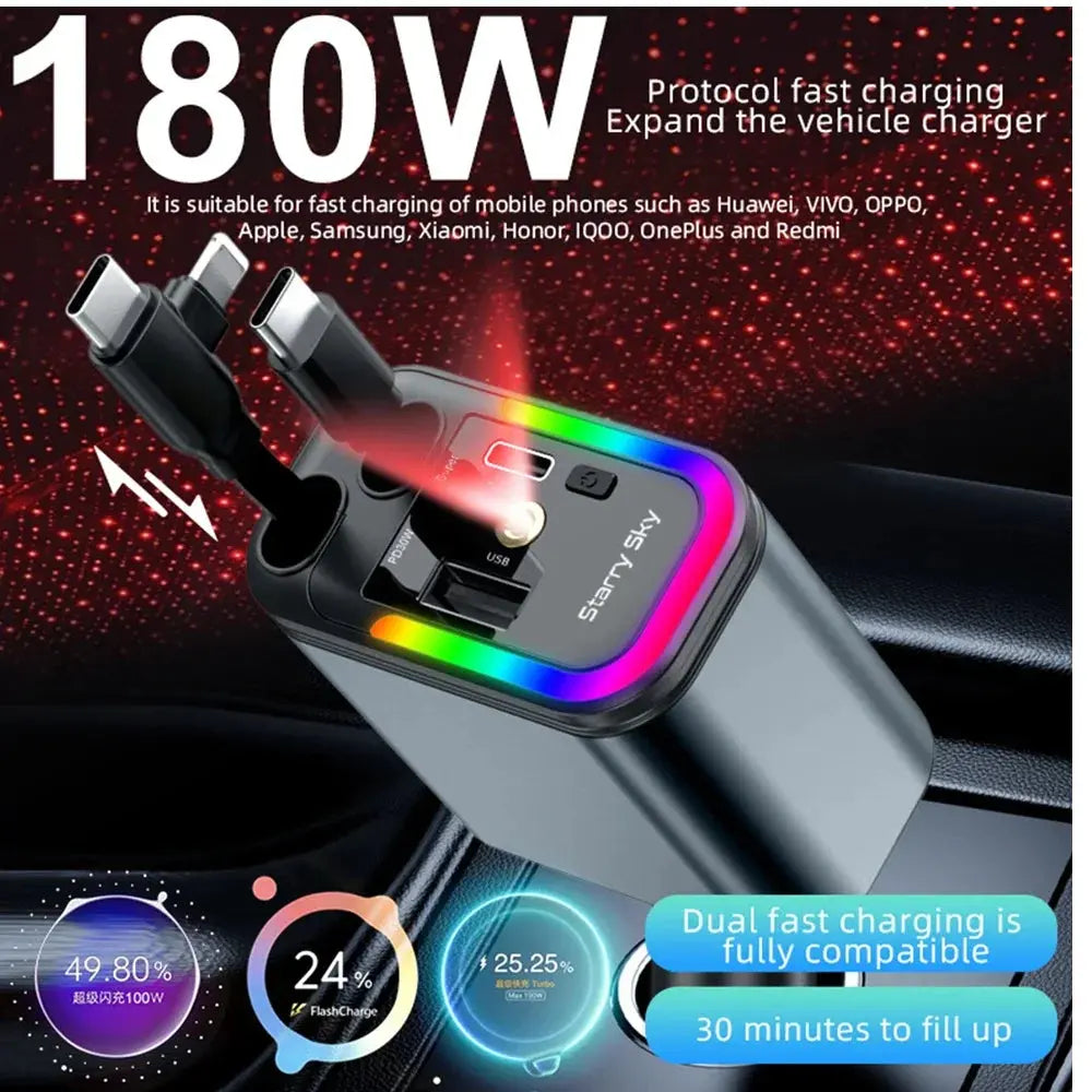 5-in-1 180W Car Fast Charger USB Type-C Power Adapter Retractable Phone Charger With Roof Starlight For IOS Android Phones