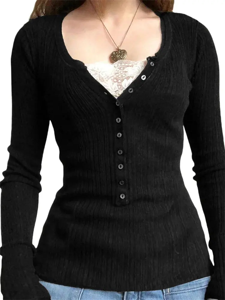 Women's Button Front Knit Sweater Long Sleeve Lace Patchwork Slim Fit O-Neck Casual Top for Autumn Fairy Grunge Gothic Y2K Style Shoporiz