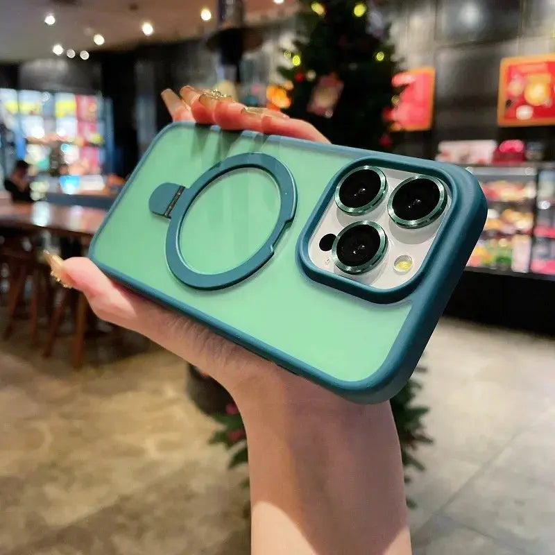 Matte Glass Lens Phone Case for iPhone - Magnetic Hard Bumper Cover with Ring Holder Anti-Scratch Wireless Compatible