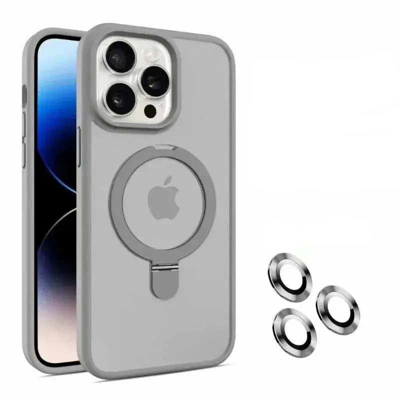 Matte Glass Lens Phone Case for iPhone - Magnetic Hard Bumper Cover with Ring Holder Anti-Scratch Wireless Compatible